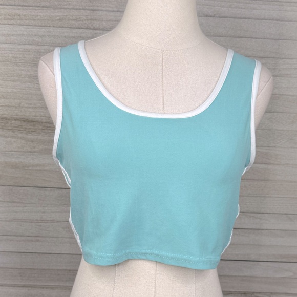 Athletic Cropped Tank Top with Side Stripes Buttery Soft Aqua/White-Large - Picture 1 of 3